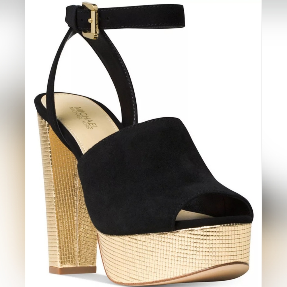 Michael Michael Kors Trina Platform Dress Sandals Black Suede & Gold Size 7.5